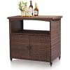 imageOutvita Patio Bar Table Weatherproof Buffet Cabinet Wicker Outdoor Storage Cart with 2 Doors ampamp Shelves Wooden Tabletop for Tableware Wine Bottle and Glass Towels and Potting SuppliesWood topBrown