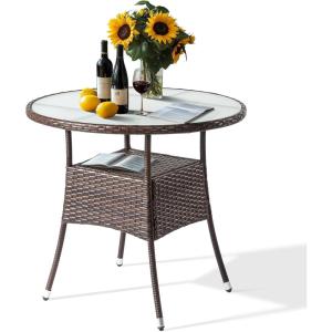 imageOutvita 315quot Patio Rattan Dining Table Frosted Glass Tabletop Waterproof ampamp Rustproof DoubleLayer Storage Adjustable Feet Elegant Brown Outdoor Table Fits 4Person Dining