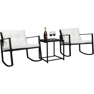 imageOutvita 3Piece Rocking Bistro Set Outdoor Wicker Patio Furniture Set with Glass Coffee Table Perfect for Outdoor Porch Balcony and Garden WhiteBlack