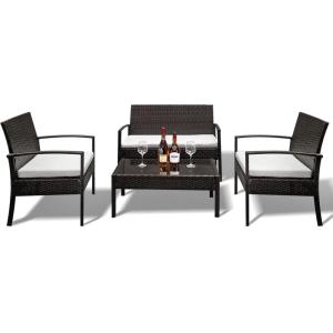 imageOutvita 3Piece Rocking Bistro Set Outdoor Wicker Patio Furniture Set with Glass Coffee Table Perfect for Outdoor Porch Balcony and Garden WhiteDark Brown