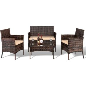 imageOutvita 4 Pieces Patio Furniture Set Rattan Conversation Sets with Loveseat Soft Cushion and Glass Table for Garden Backyard Balcony Porch PoolsideBrown GradientBrown Gradient