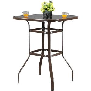 imageOutvita 40 Inch Patio Bar Table Square Outdoor Bar Height Bistro Table with Tempered Glass Tabletop ampamp Umbrella Hole Outdoor Cocktail Table for Patio Yard PoolsideBrown frame with black glass