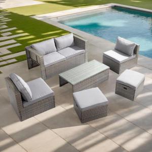 imageOutvita 6 Pieces Patio Furniture Set AllWeather Outdoor Sectional Patio Sofa PE Rattan Manual Weaving Wicker Conversation Set with Ottoman ampamp Glass Coffee Table ampamp Pillow ampamp Cushion Grey