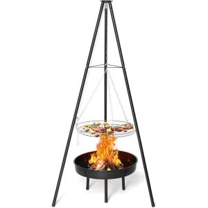 imageOutvita Campfire Tripod Grill Adjustable Height BBQ Grill Grate Stainless Steel for Outdoor Camping BBQ BlackWith Brazier