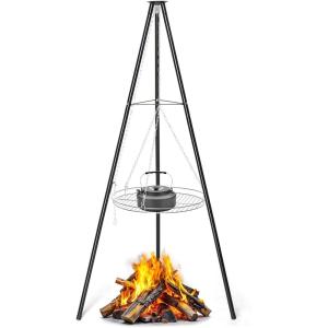 imageOutvita Campfire Tripod Grill Adjustable Height BBQ Grill Grate Stainless Steel for Outdoor Camping BBQ BlackWithout Brazier