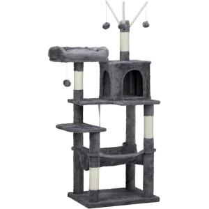 imageOutvita Cat Tree 57 Inch Plush Cats Tower for Indoor Pets with Sisal Scratching Post Large Cat Condo Climbing Frame with Multi Level Jumping Platform Hammock Toy Balls Dark GrayDark Gray