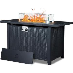imageOutvita Fire Pit Table 43quot 50000 BTU Rectangle Metal Propane Fire Table with Lid Lava Rocks Waterproof Dust Cover and Glass Wind Guard for Garden Backyard Deck Patio
