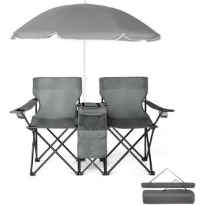 imageOutvita Folding Double Camping Chair wUmbrella Beverage Holder Carrying Bag Cooler Fold Up Table Large Bearing Capacity for Beach Patio Pool Park Outdoor BlueGrey