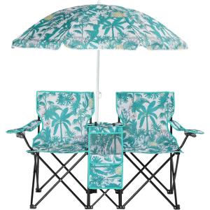 imageOutvita Folding Double Camping Chair wUmbrella Beverage Holder Carrying Bag Cooler Fold Up Table Large Bearing Capacity for Beach Patio Pool Park Outdoor BlueCoconut Tree Pattern