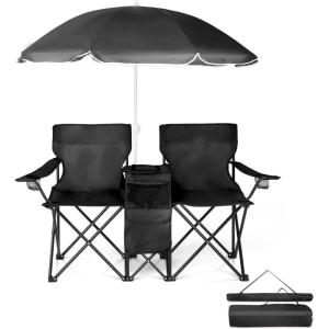 imageOutvita Folding Double Camping Chair wUmbrella Beverage Holder Carrying Bag Cooler Fold Up Table Large Bearing Capacity for Beach Patio Pool Park Outdoor BlueBlack