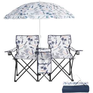 imageOutvita Folding Double Camping Chair wUmbrella Beverage Holder Carrying Bag Cooler Fold Up Table Large Bearing Capacity for Beach Patio Pool Park Outdoor BlueShark Pattern