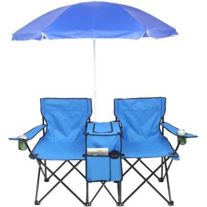 imageOutvita Folding Double Camping Chair wUmbrella Beverage Holder Carrying Bag Cooler Fold Up Table Large Bearing Capacity for Beach Patio Pool Park Outdoor BlueBlue