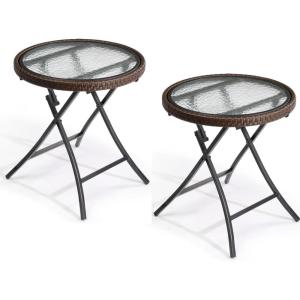 imageOutvita Folding Outdoor Side Tables for Patio Durable Tempered Glass Top with Metal Frame Foldable Round Side Table All Weather Rattan Portable Outside Furniture for Pool Balcony Deck Porch2pcs