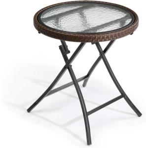 imageOutvita Folding Outdoor Side Tables for Patio Durable Tempered Glass Top with Metal Frame Foldable Round Side Table All Weather Rattan Portable Outside Furniture for Pool Balcony Deck Porch1pc