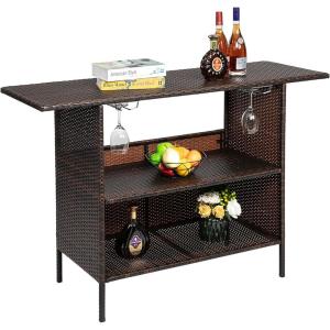 imageOutvita Outdoor Bar Counter Table Patio Wicker bar Table with 2 Layer Shelves and Wine Racks for Poolside Backyard Garden Porches Brown