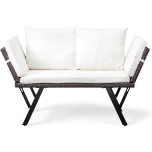 imageOutvita Outdoor Convertible Couch Sofa Bed Woven Rattan Patio Furniture Daybed wAdjustable Armrests Removable Cushions and Pillows for Porch Pool Balcony