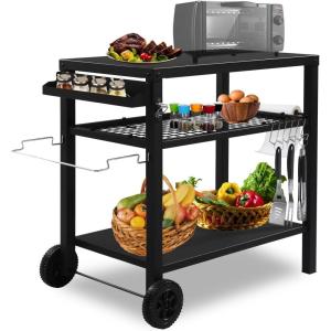 imageOutvita Outdoor Grill Cart Movable Food Prep and Work Cart Table Pizza Oven Stand Table with Wheels Indoor ampamp Outdoor Multifunctiona BBQ Cart with Mesh Racks for Home Party CampingBlack