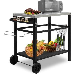 imageOutvita Outdoor Grill Cart Movable Food Prep and Work Cart Table Pizza Oven Stand Table with Wheels Indoor ampamp Outdoor Multifunctiona BBQ Cart with Mesh Racks for Home Party CampingSilver