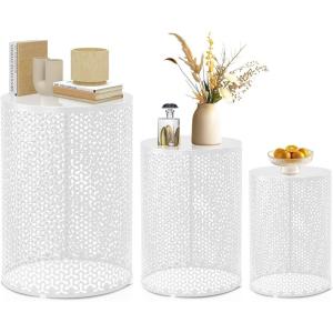 imageOutvita Outdoor Nesting Tables Set of 3 Heavy Duty Metal Frame Accent Modern End Table Portable Side Table for Indoor Outdoor Living Room Clover Pattern  BlueWhite