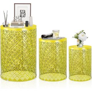 imageOutvita Outdoor Nesting Tables Set of 3 Heavy Duty Metal Frame Accent Modern End Table Portable Side Table for Indoor Outdoor Living Room Clover Pattern  BlueYellow