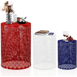 imageOutvita Outdoor Nesting Tables Set of 3 Heavy Duty Metal Frame Accent Modern End Table Portable Side Table for Indoor Outdoor Living Room Clover Pattern  BlueBlue  White  Red