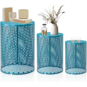 imageOutvita Outdoor Nesting Tables Set of 3 Heavy Duty Metal Frame Accent Modern End Table Portable Side Table for Indoor Outdoor Living Room Clover Pattern  BlueBlue