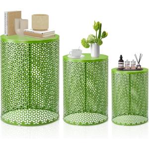 imageOutvita Outdoor Nesting Tables Set of 3 Heavy Duty Metal Frame Accent Modern End Table Portable Side Table for Indoor Outdoor Living Room Clover Pattern  BlueGreen