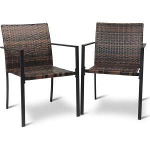 imageOutvita Outdoor Patio Dining Chairs Set of 2 Stackable Steel Frame AllWeather Wicker Armchairs with Handrail Exposed Armrest Next to Kitchen Deck GardenBrown