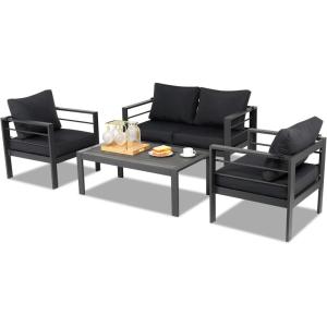 imageOutvita Outdoor Patio Furniture Set 4 Pieces Aluminum Patio Conversation Sets Modern Patio Sofa Loveseat Set with Coffee Table and 5 Inch Cushion for Patio Balcony Yard Gray 4pcs Set
