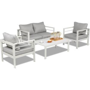 imageOutvita Outdoor Patio Furniture Set 4 Pieces Aluminum Patio Conversation Sets Modern Patio Sofa Loveseat Set with Coffee Table and 5 Inch Cushion for Patio Balcony Yard White 4pcs Set