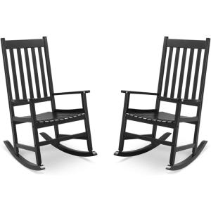 imageOutvita Outdoor Rocking Chair Set of 2 Solid Wood High Back Rocker All Weather Lounge Chair for Porch Patio Fire Pit Garden Backyard Deck Indoor Black
