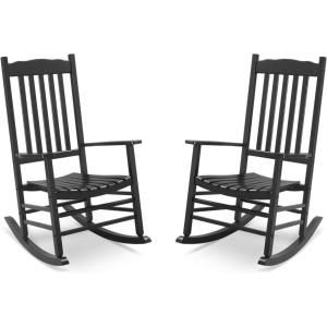 imageOutvita Outdoor Rocking Chair Set of 2 Solid Wood High Back Rocker All Weather Lounge Chair for Porch Patio Fire Pit Garden Backyard Deck Indoor Wave Shape Black