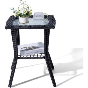 imageOutvita Outdoor Side Table Patio Rattan Coffee Table Small End Table with Glass Tabletop and Storage Shelf for Patio Porch Backyard Balcony Living RoomBlack