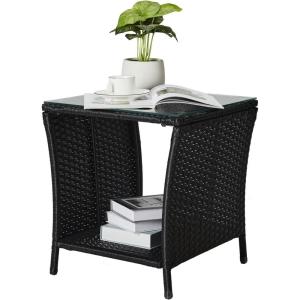 imageOutvita Outdoor Side Table Rattan Coffee Table Small End Table with Glass Top Storage for Patio Porch Backyard BalconyBlack