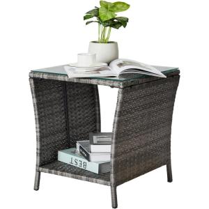 imageOutvita Outdoor Side Table Rattan Coffee Table Small End Table with Glass Top Storage for Patio Porch Backyard BalconyGrey
