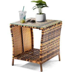 imageOutvita Outdoor Side Table Rattan Coffee Table Small End Table with Glass Top Storage for Patio Porch Backyard BalconyYellow