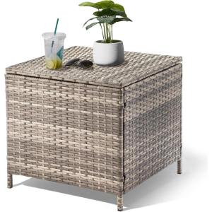 imageOutvita Outdoor Side Table Rattan Coffee Table with Storage 27 Gallon Patio Small Deck Storage Box for Cushion Towel Books Brown Side Table with lidGrey