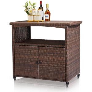 imageOutvita Patio Bar Table Weatherproof Buffet Cabinet Wicker Outdoor Storage Cart with 2 Doors ampamp Shelves Wooden Tabletop for Tableware Wine Bottle and Glass Towels and Potting SuppliesWood topBrown