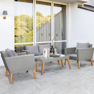 imageOutvita Patio Furniture 4pcs Outdoor Conversation Sofa Set with Acacia and Rattan Coffee Table Loveseat and Single Chair for Backyard Garden Terrace Balcony