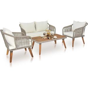 imageOutvita Patio Furniture 4pcs Outdoor Conversation Sofa Set with Gray SofaampampWhite Cushion Coffee Table Loveseat and Single Chair for Backyard Garden Terrace Balcony