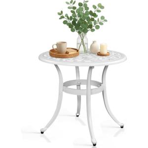 imageOutvita Patio Side Table 354in Outdoor Square Cast Aluminum Bistro Table with Umbrella Hole and Antique Design for Backyard Porch Pool Balcony Deck BronzeRoundWhite