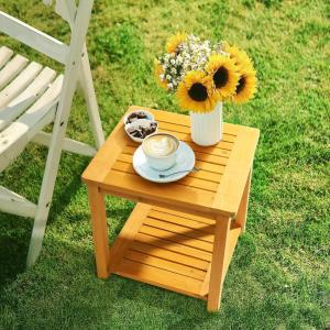 imageOutvita Patio Small Side Table Acacia Wood 18 inch DoubleDeck Coffee Table with Storage Tier for Living Room Garden Balcony Porch Deck BlackTeak Color