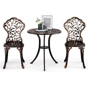 imageOutvita Patio Table and Chairs Set Cast Aluminum Outdoor Cafe Table and Chairs Set of 3 Stability Patio Bistro Sets for Garden Patio Balcony Leaf Pattern Bronze
