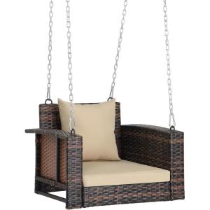 imageOutvita Porch Swing 5FT Hanging Outdoor Porch Swings for Adults Wicker 3 Person Patio Swing with Cushion Pillow and Chain for Garden Backyard Weight Capacity  1000lbsBrown  Khaki
