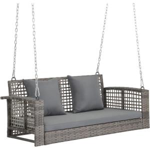 imageOutvita Porch Swing 5FT Hanging Outdoor Porch Swings for Adults Wicker 3 Person Patio Swing with Cushion Pillow and Chain for Garden Backyard Weight Capacity  1000lbsGrey  Grey