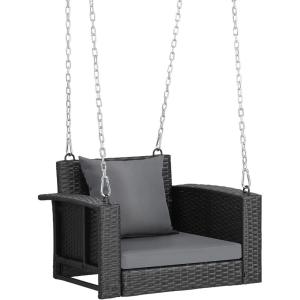 imageOutvita Porch Swing 5FT Hanging Outdoor Porch Swings for Adults Wicker 3 Person Patio Swing with Cushion Pillow and Chain for Garden Backyard Weight Capacity  1000lbsBlack  Grey