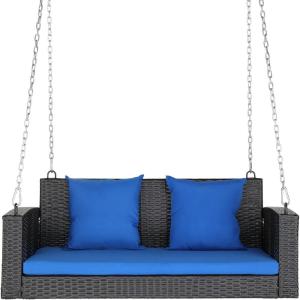 imageOutvita Porch Swing 5FT Hanging Outdoor Porch Swings for Adults Wicker 3 Person Patio Swing with Cushion Pillow and Chain for Garden Backyard Weight Capacity  1000lbsBlack  Blue