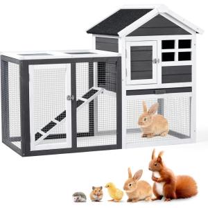 imageOutvita Rabbit Hutch Small Wood Chicken Coop 48quot Guinea Pig Cage wPullOut Tray Waterproof Asphalt Roof Chicken Run Interactive Door for Small Animal Pen OutdoorGrey