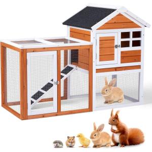 imageOutvita Rabbit Hutch Small Wood Chicken Coop 48quot Guinea Pig Cage wPullOut Tray Waterproof Asphalt Roof Chicken Run Interactive Door for Small Animal Pen OutdoorOrange