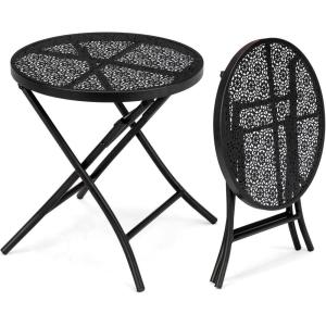 imageOutvita Round Side Table Metal Folding Patio Side Table with Flower Cutouts  AntiRust Outdoor for Porch Yard Balcony ampamp Deck  Black Small End Table